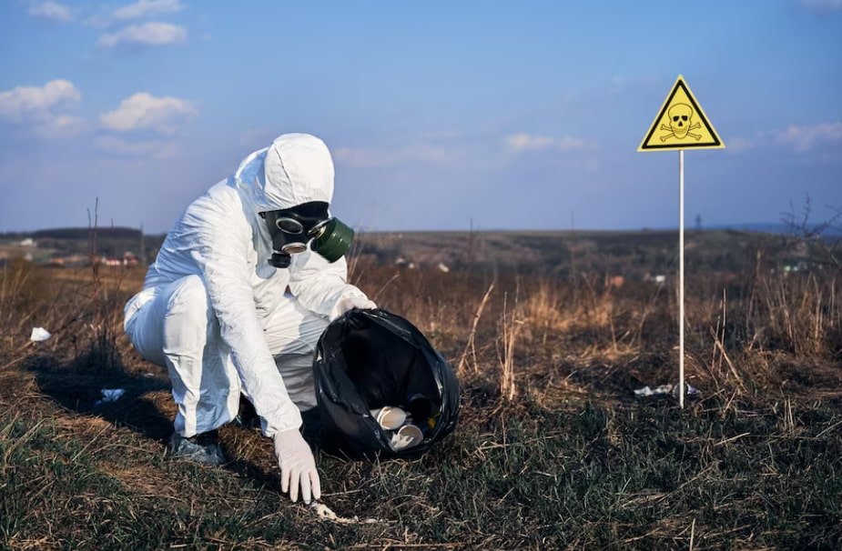 lavoratore munito di dispositivi di protezione individuale che raccoglie rifiuti