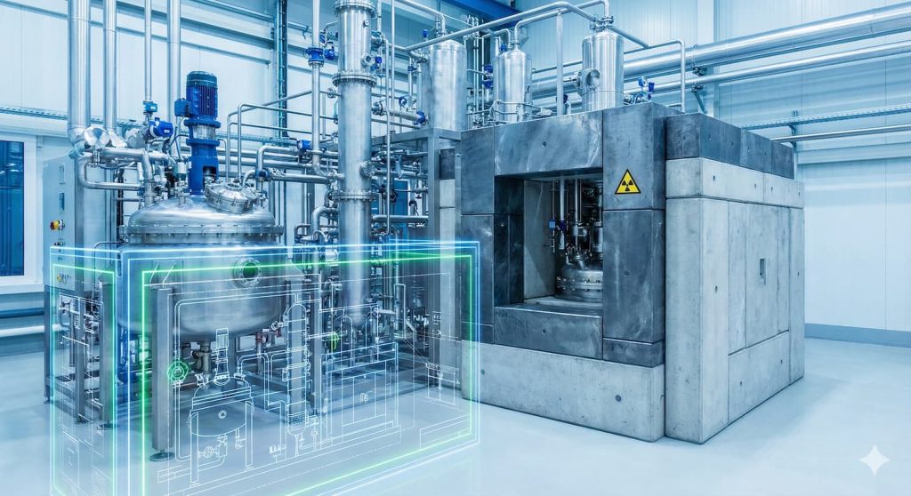 Impianto chimico industriale moderno con reattori in acciaio inox e una struttura di schermatura in cemento dotata di simbolo di pericolo radiazioni. Un'interfaccia olografica digitale sovrapposta mostra schemi tecnici e zone di sicurezza, illustrando l'integrazione tra progettazione chimica e radioprotezione.