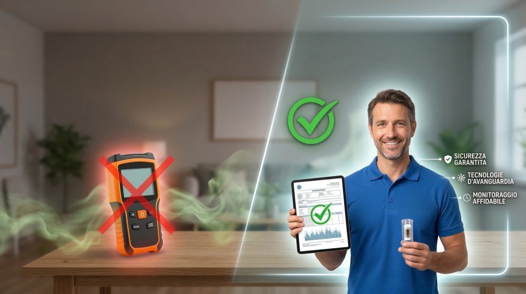 misuratore radon a sinistra e consulente radon specializzato a destra