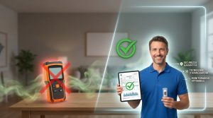 misuratore radon a sinistra e consulente radon specializzato a destra